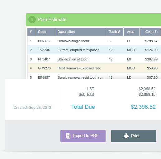 Dental Treatment Estimate table